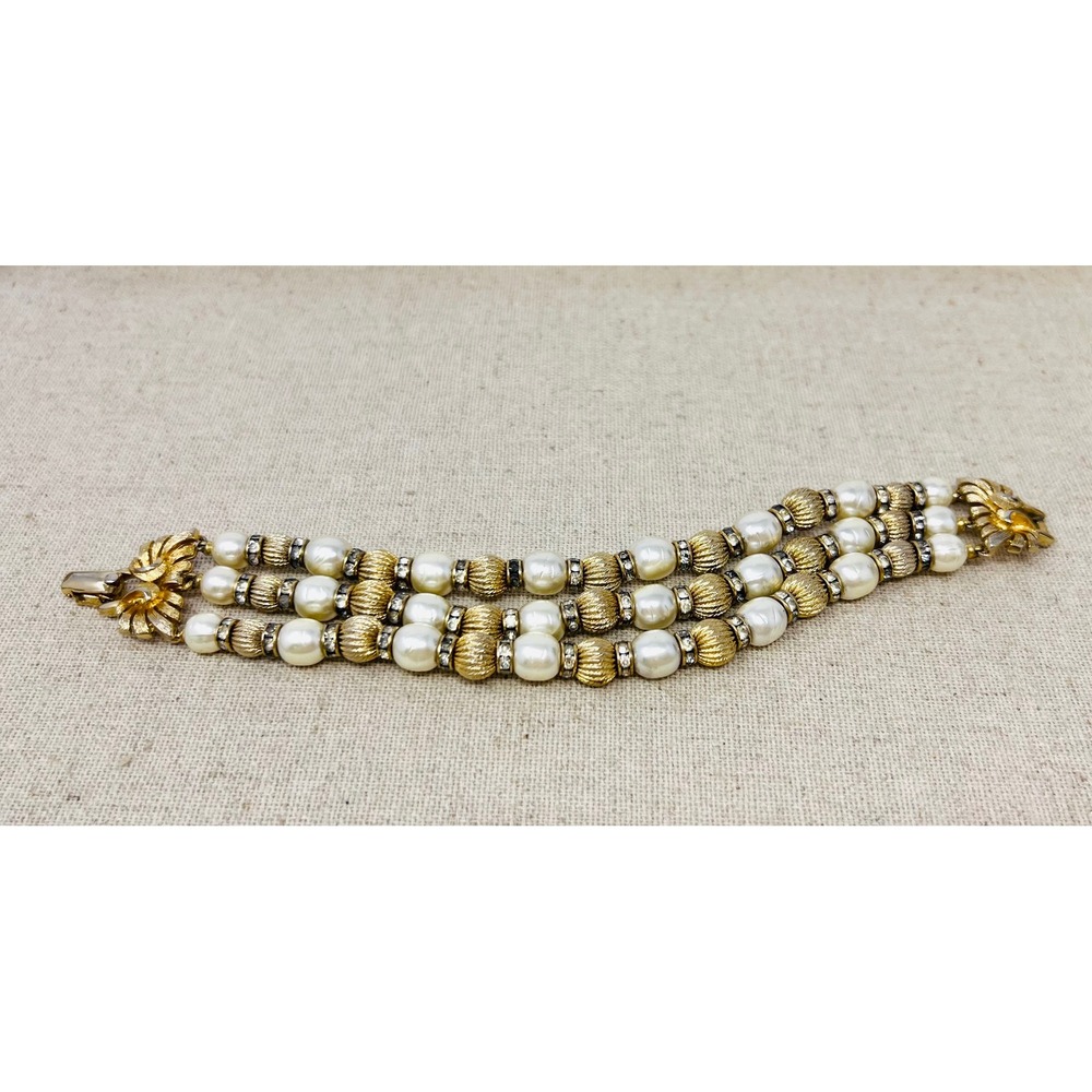 Vintage Vendome Triple Strand Faux Pearl Gold Tone Rhinestone  Bracelet